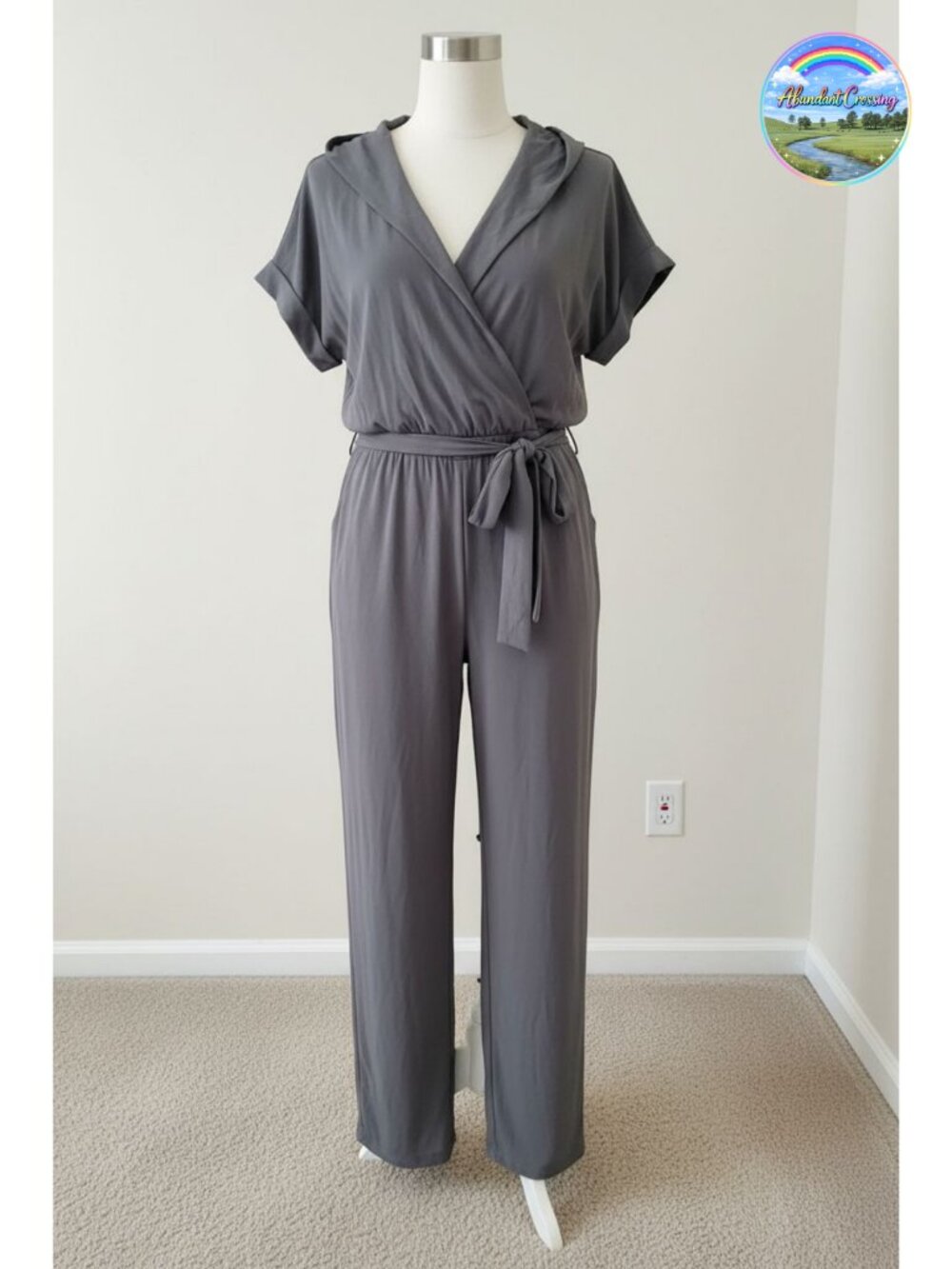 Women's Wide Leg Jumpsuit Short Sleeve V Neck Belted Romper